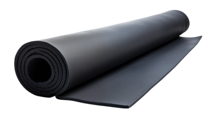 Rolled black rubber material sheet on a dark background