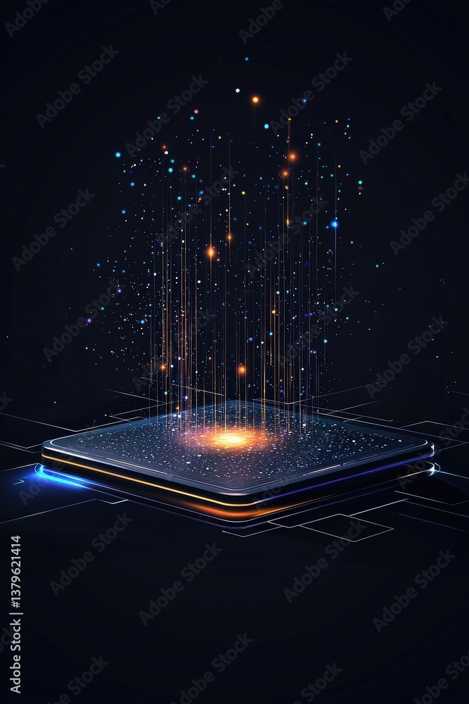 Poster office desk merging with holographic interface, representing futuristic workspace.