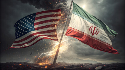 USA vs Iran war divided flag depiction power struggle political tension military clash economic rivalry symbolic representation 3D render geopolitical standoff