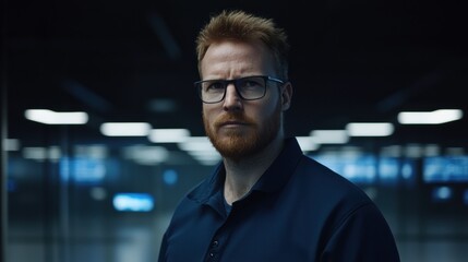 Serious Portrait of a Man with Red Beard in a Subway Station