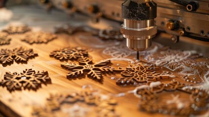 Automated CNC machine crafting intricate wooden snowflake ornaments precisely