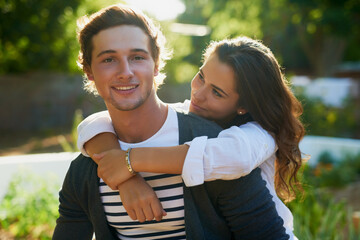 Couple, home and hug in garden on break with fun, happy and bonding for love in Spain. People, relationship and outside with smile for nature at backyard for support, care and trust as lovers