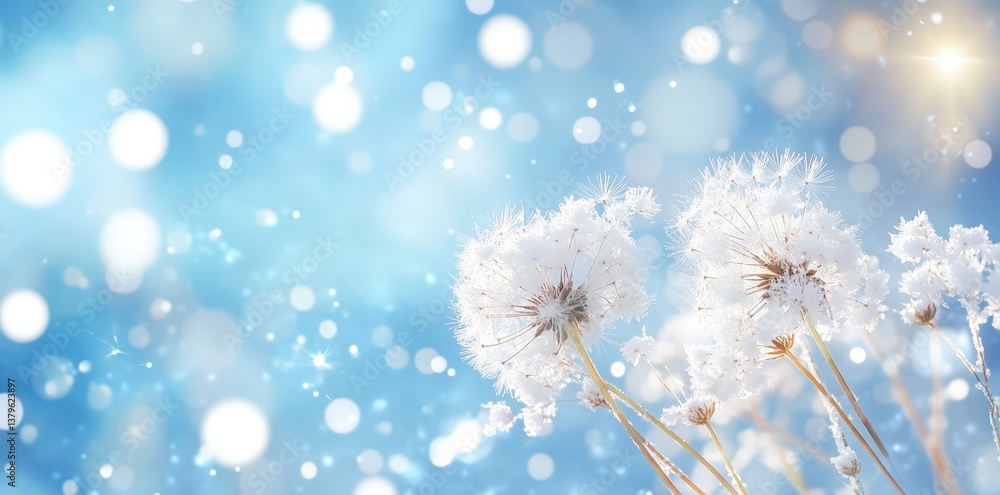 Poster a serene, wintery scene featuring dandelion seeds dusted with frost against a softly blurred blue ba