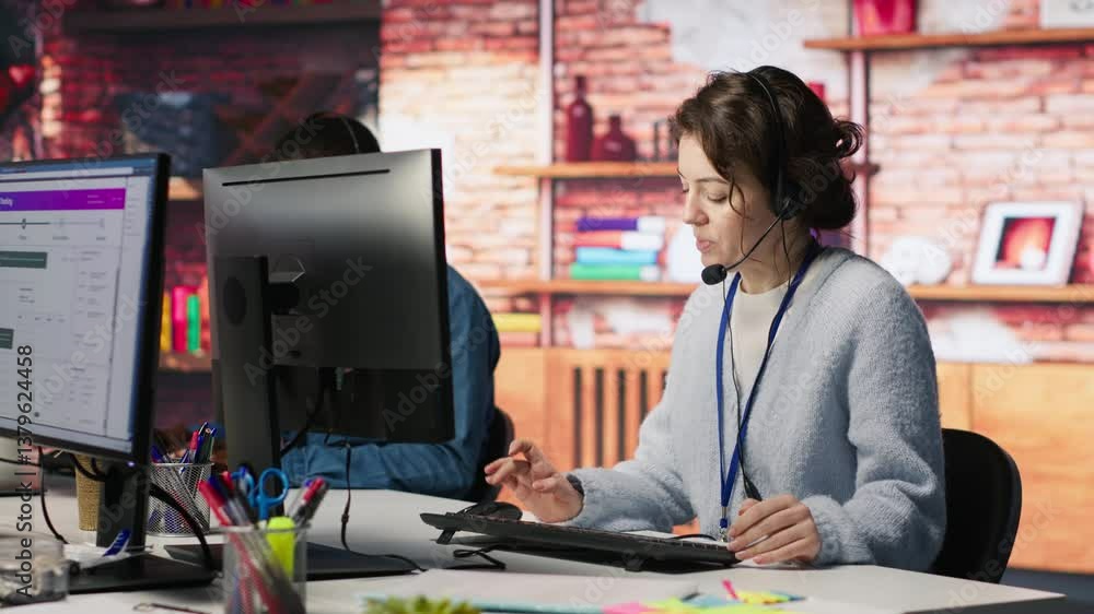Poster worker providing live chat support, typing on keyboard, handling clients complaints. call center age