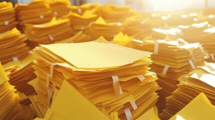 Bright Yellow Paper Sheets Stacked in a Warehouse