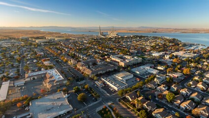Aerial view of Pittsburg, California, USA, showcasing the city's layout, residential areas, and the industrial presence of the power plant along the waterfront.
