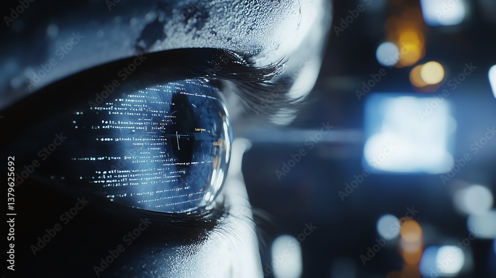Poster close-up of a human eye with a digital, futuristic effect, showcasing data streams and reflections o