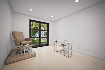 A sophisticated home office with natural light, minimalist furnishings, and built-in workspace