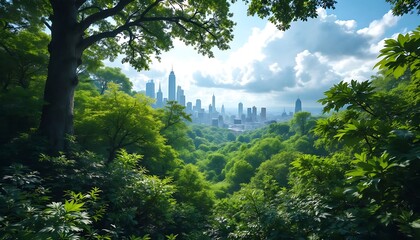 Fototapeta premium Green Forest Landscape Overlooking Distant City Skyline with Blue Sky