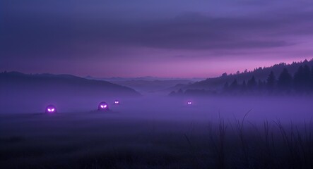 Obraz premium Foggy violet sky with glowing eyes lurking in the distance background