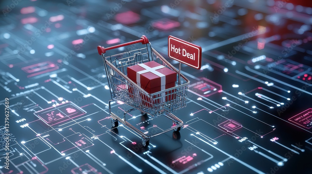 Aufkleber a shopping cart set against a backdrop of a complex digital network highlighting the of technology i