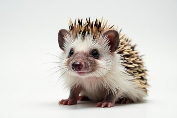 Close-up of a single hedgehog on a seamless white backdrop, isolated, wild
