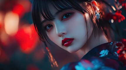 Enigmatic Beauty in Red and Blue Hues