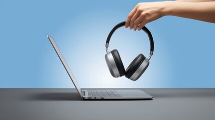 Side View of Slim Laptop and Hands Holding Wireless Headphones on Grey Desk with Blue Background &ndash; Online Learning and Podcast Banner