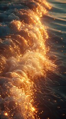 A close-up view of ocean waves illuminated by golden sunlight, creating a serene atmosphere.