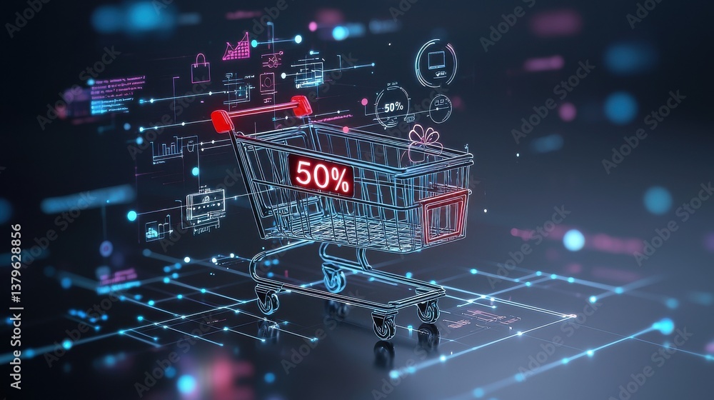 Poster digital shopping cart floating in a futuristic data driven environment with a prominent 50 discount 