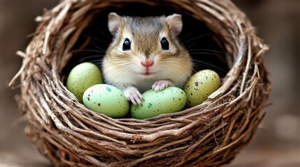 A small rodent nestled inside a woven nest with speckled eggs