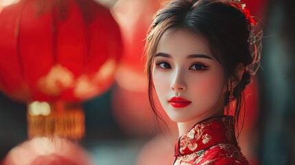 Stunning Asian Woman in Traditional Red Dress