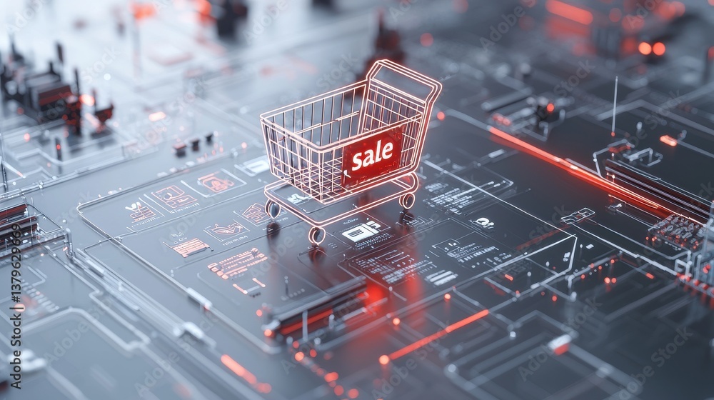 Poster a wireframe shopping cart hovers over a complex circuit board design representing the of online reta
