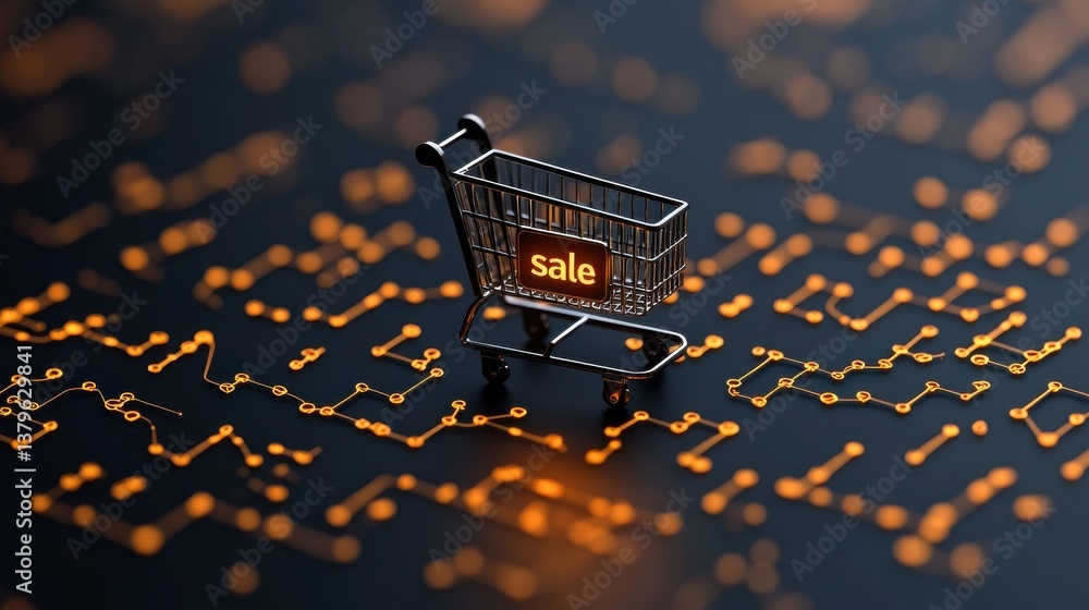 Poster a shopping cart icon with the word sale hovering over a futuristic glowing digital circuit board bac