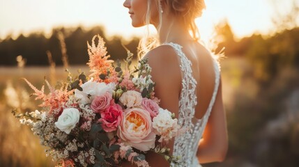 Bride Holding a Stunning Bouquet at Sunset