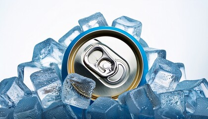 A blank no label no brand aluminum can placed on top of a pile of ice cubes covering almost the half of the aluminum can; close up view; low angle view; ice cold drinks; cold beverages; carbonated can