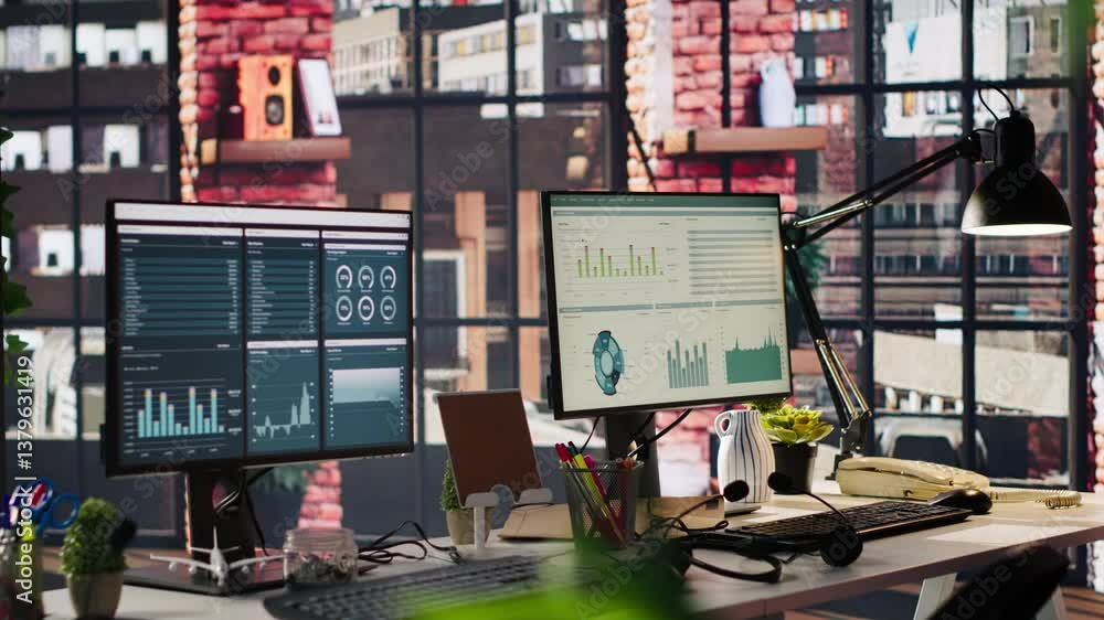 Poster computer monitors on office desk showing data analytics dashboards and performance charts. pc screen