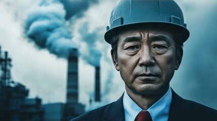 Serious businessman wearing a hardhat, industrial pollution in the background