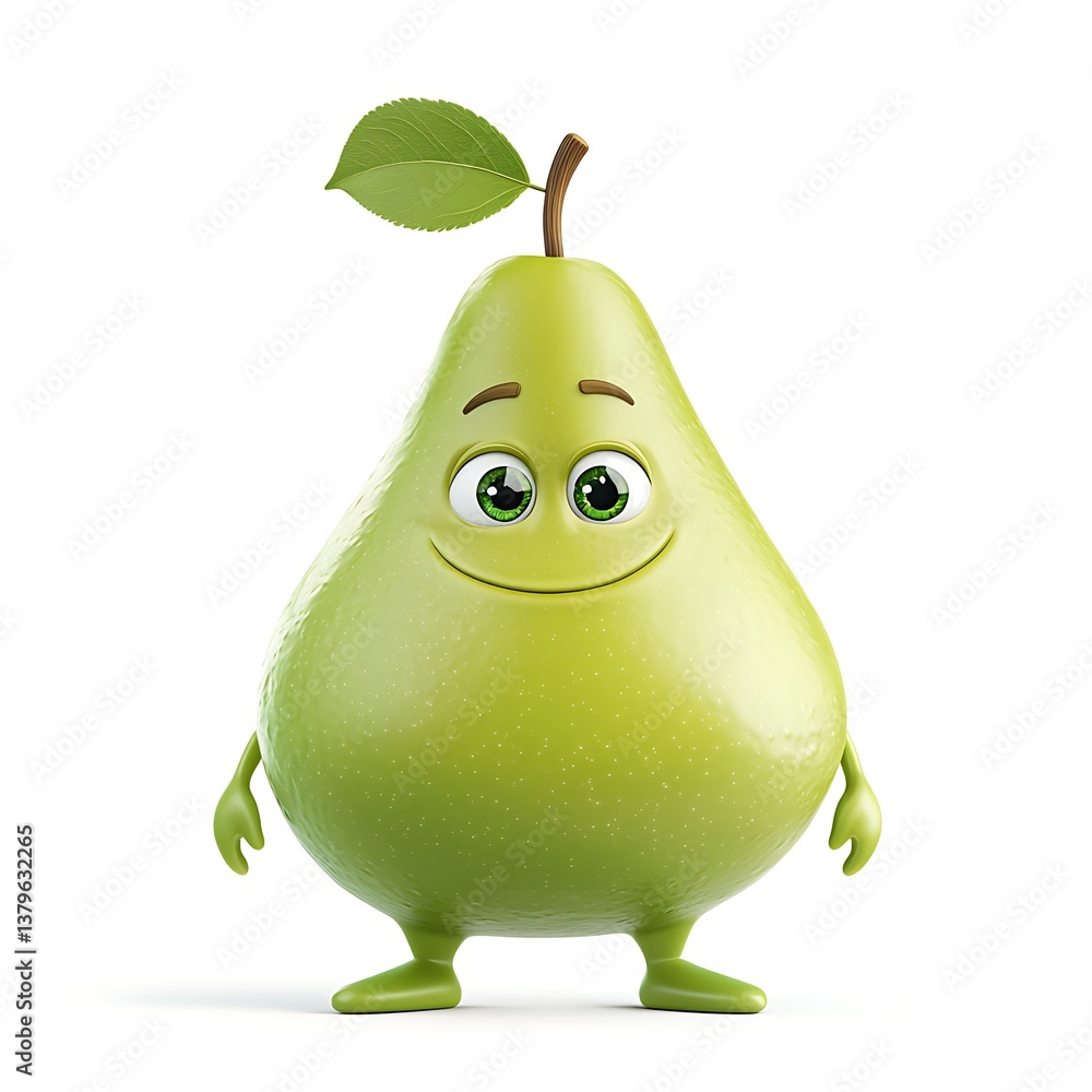 Poster animated pear: a charming animated pear character with a big smile, tiny arms and legs, and a leafy 