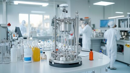 Interior view of a modern research laboratory featuring advanced scientific equipment and apparatus such as flasks beakers pipettes and test tubes arranged on a clean and sterile workspace