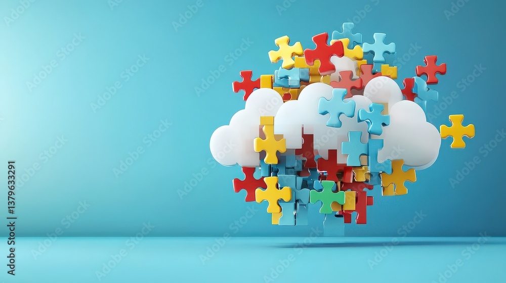 Poster puzzle pieces forming cloud, representing complexity of cloud computing.