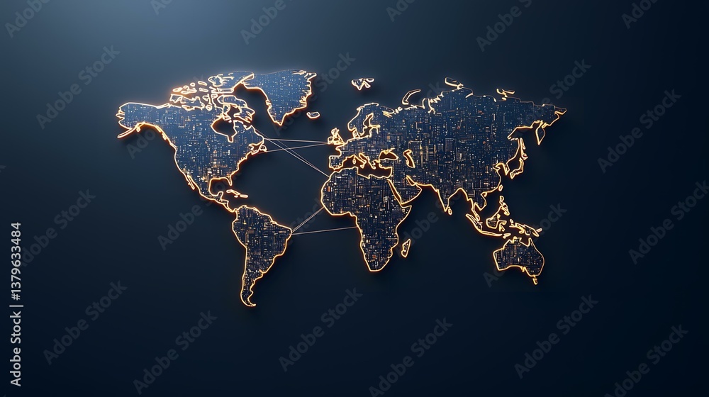 Poster the image shows a stylized world map depicted as a circuit board with glowing orange lines connectin