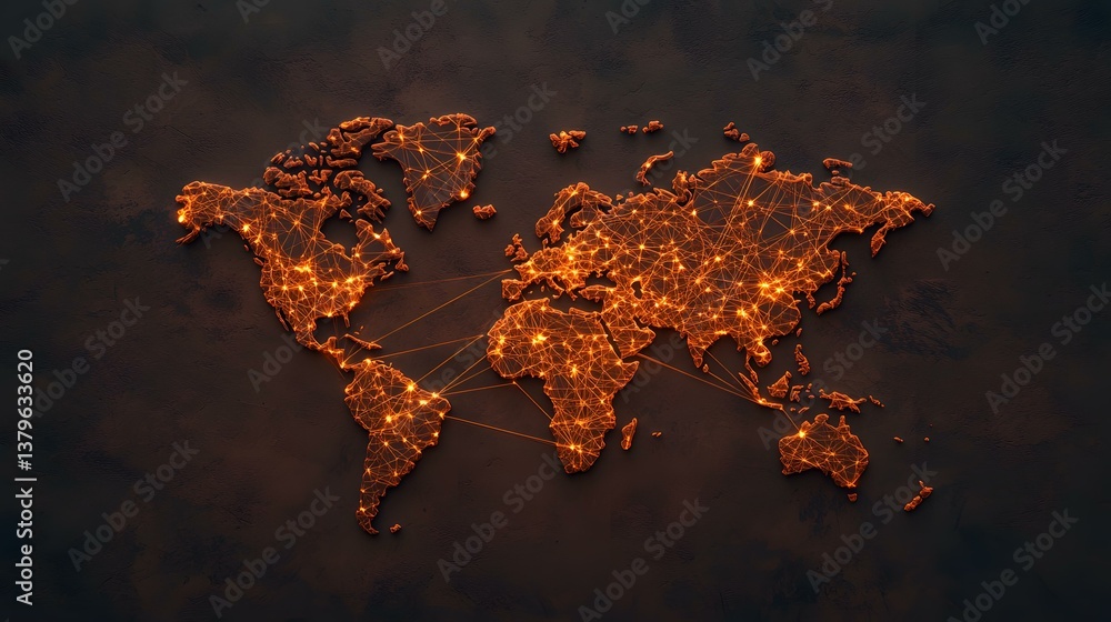 Poster a three-dimensional world map is shown, its continents outlined in glowing orange lines that connect