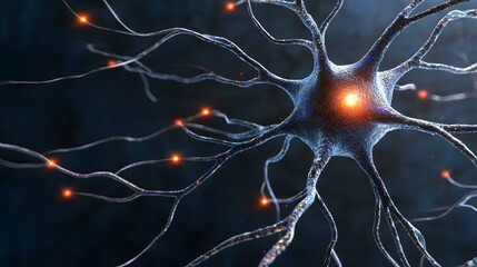 The image shows a detailed close-up of a neuron, its numerous dendrites extending outwards, with glowing points of light illustrating neural signal transmission.