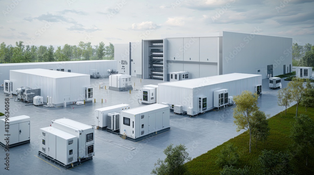 Poster a large state of the art industrial warehouse complex with multiple storage units and loading bays d