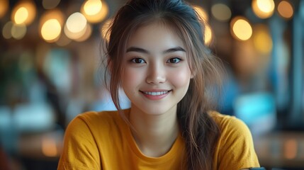 Portrait of a Smiling Young Woman in a Cafe