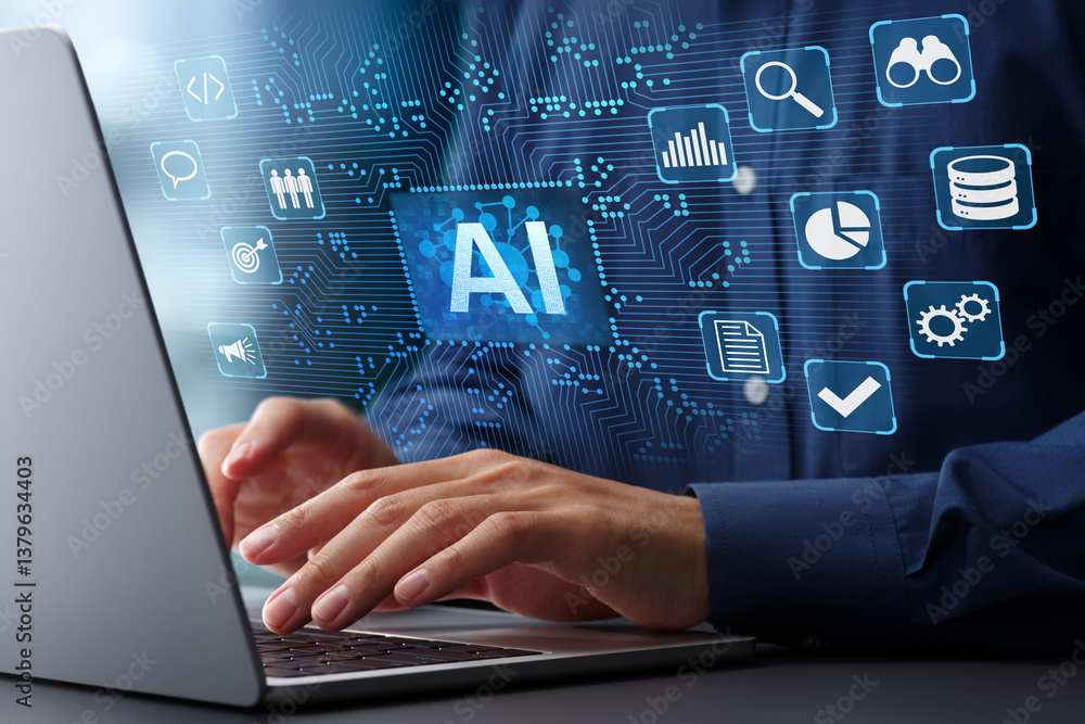 Poster Generative AI analyzing business data automatically. Intelligent automation technology. Artificial intelligence icon and electronic circuit.Businessman using laptop computer to instruct AI.