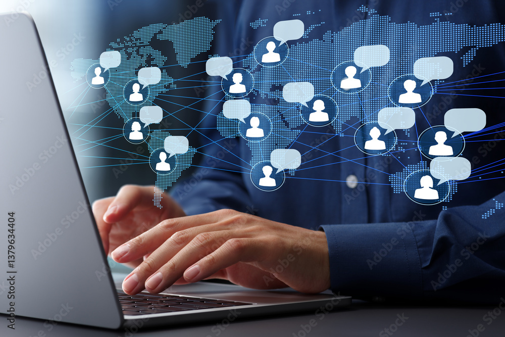 Poster Global remote collaboration and international teamwork. International collaboration network. Businessman using laptop computer to communicate with team.