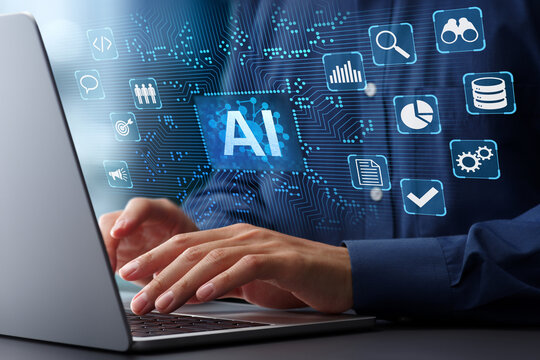 Generative AI analyzing business data automatically. Intelligent automation technology. Artificial intelligence icon and electronic circuit.Businessman using laptop computer to instruct AI.