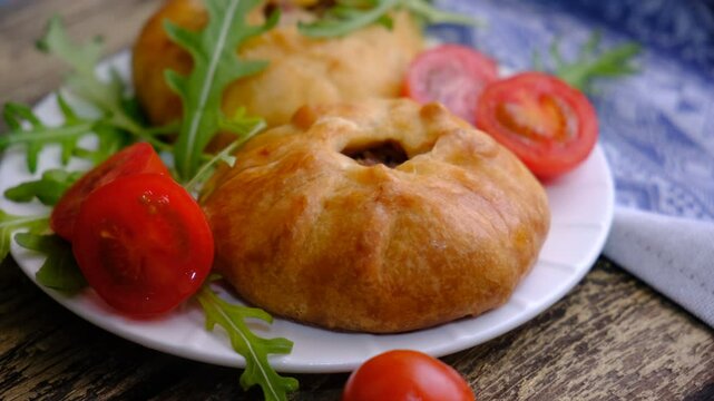 Mongolian buuz, dumplings with meat, savory fried dumplings filled with juicy meat, served on a plate with herb, arugula, tomatoes. Artisanal food