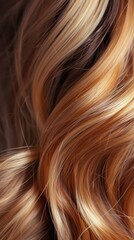 Naklejka premium Close-up of flowing, wavy hair with a blend of warm blonde and caramel tones.
