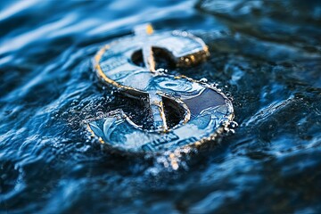 A dollar sign shape rests floating in blue water