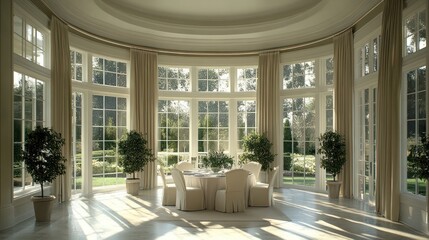 Obraz premium Sunlit Mansion Dining Room, Garden View, Elegant Table Setting, Peaceful Morning