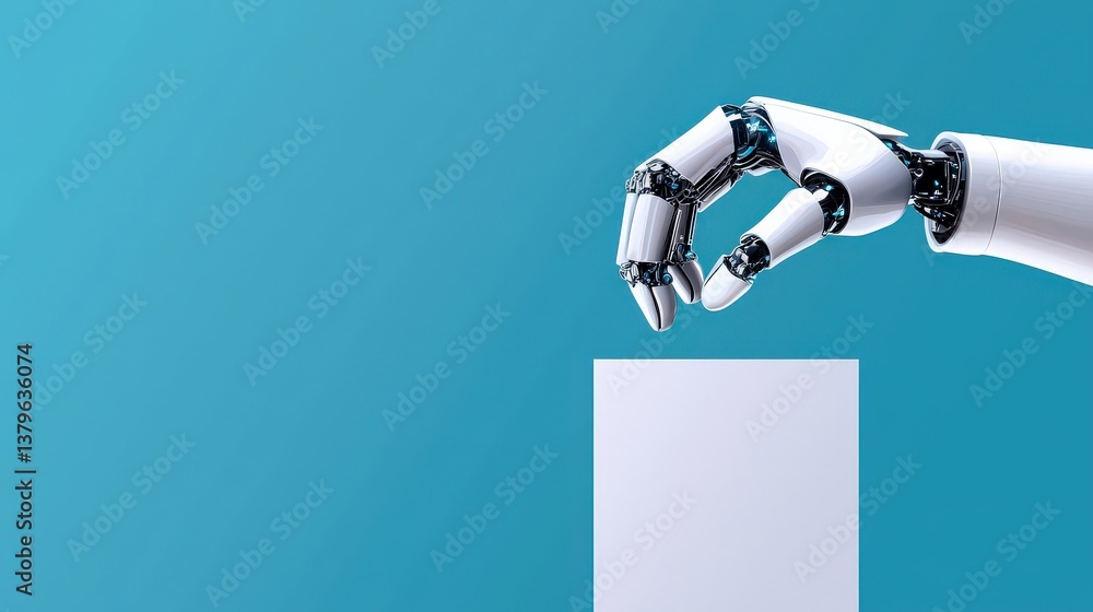 Poster robot hand manipulating voting ballot, symbolizing election interference by ai.