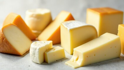 Elegant cheese selection, various types, pristine white, culinary, cheese platter, studio shot