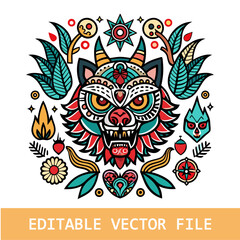 Lion's portrait made in an old-stylized tattoo. Vector illustration for coloring book, t-shirts, tattoo art, boho design, posters, textiles. Isolated vector illustration.