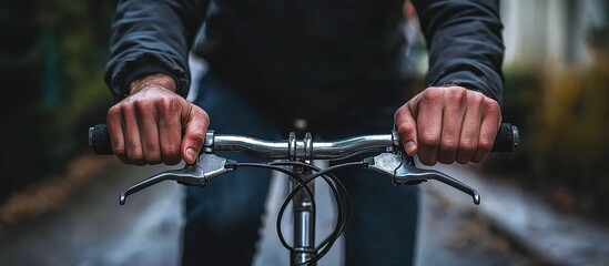Human hands gripping bicycle handlebars close up in natural outdoor setting