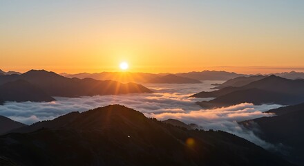 A time-lapse of the sun rising over a mountain range with clouds slowly dispersing, casting golden light across the peaks