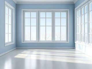 Fototapeta premium A bright, airy room with pale blue walls, large windows, and sunlight streaming in, creating a serene and inviting atmosphere.