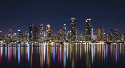 Fototapeta premium A slow pan of a vibrant city skyline at night, with illuminated skyscrapers and reflections on the water